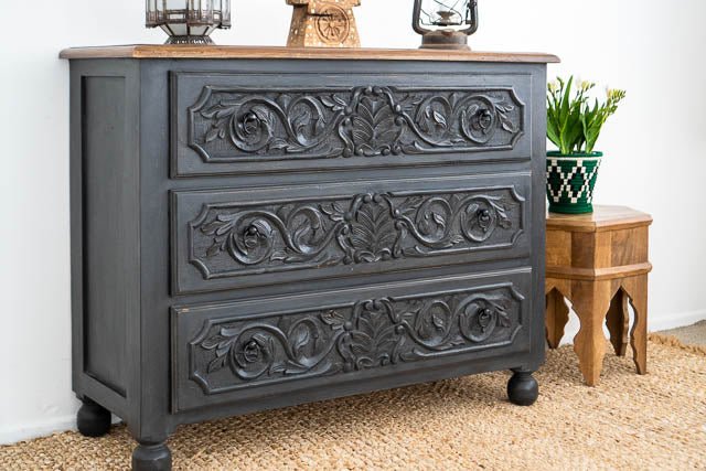 Hand Carved Boho Charcoal Drawers Dresser | Handmade Drawers For Living Room chest of drawer - Bone Inlay Furnitures