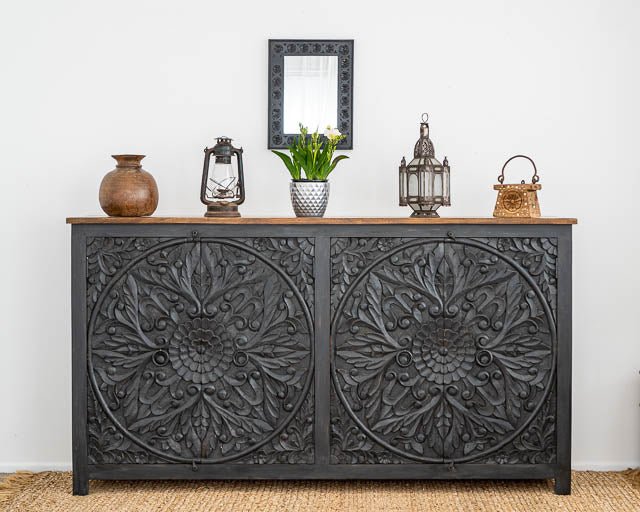 Hand Carved Mandala Large Sideboard With Black Finish | Handmade Buffet Table Buffet & Sideboard - Bone Inlay Furnitures