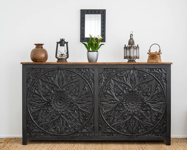 Hand Carved Mandala Large Sideboard With Black Finish | Handmade Buffet Table Buffet & Sideboard - Bone Inlay Furnitures