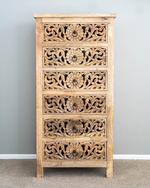 Hand Carved Indian Flower Dresser Tallboy Chest of Six Drawers